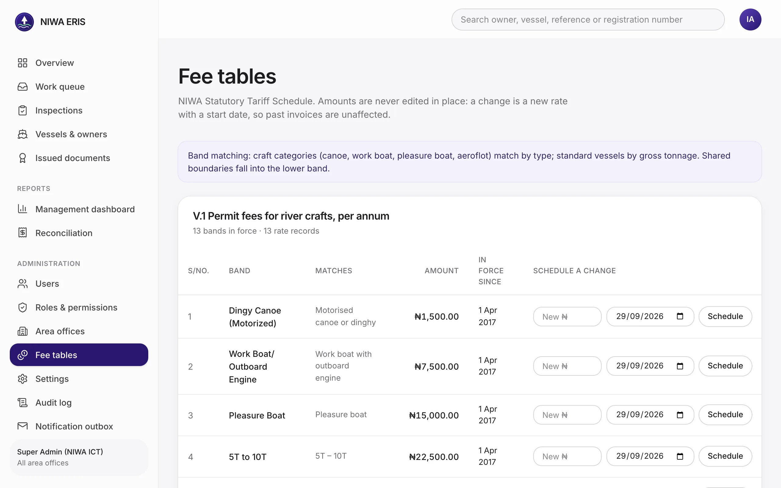 <b>Fee tables.</b> V.1 and V.2 in force. <b>Schedule</b> a new amount from a future date. Old rates stay on record.