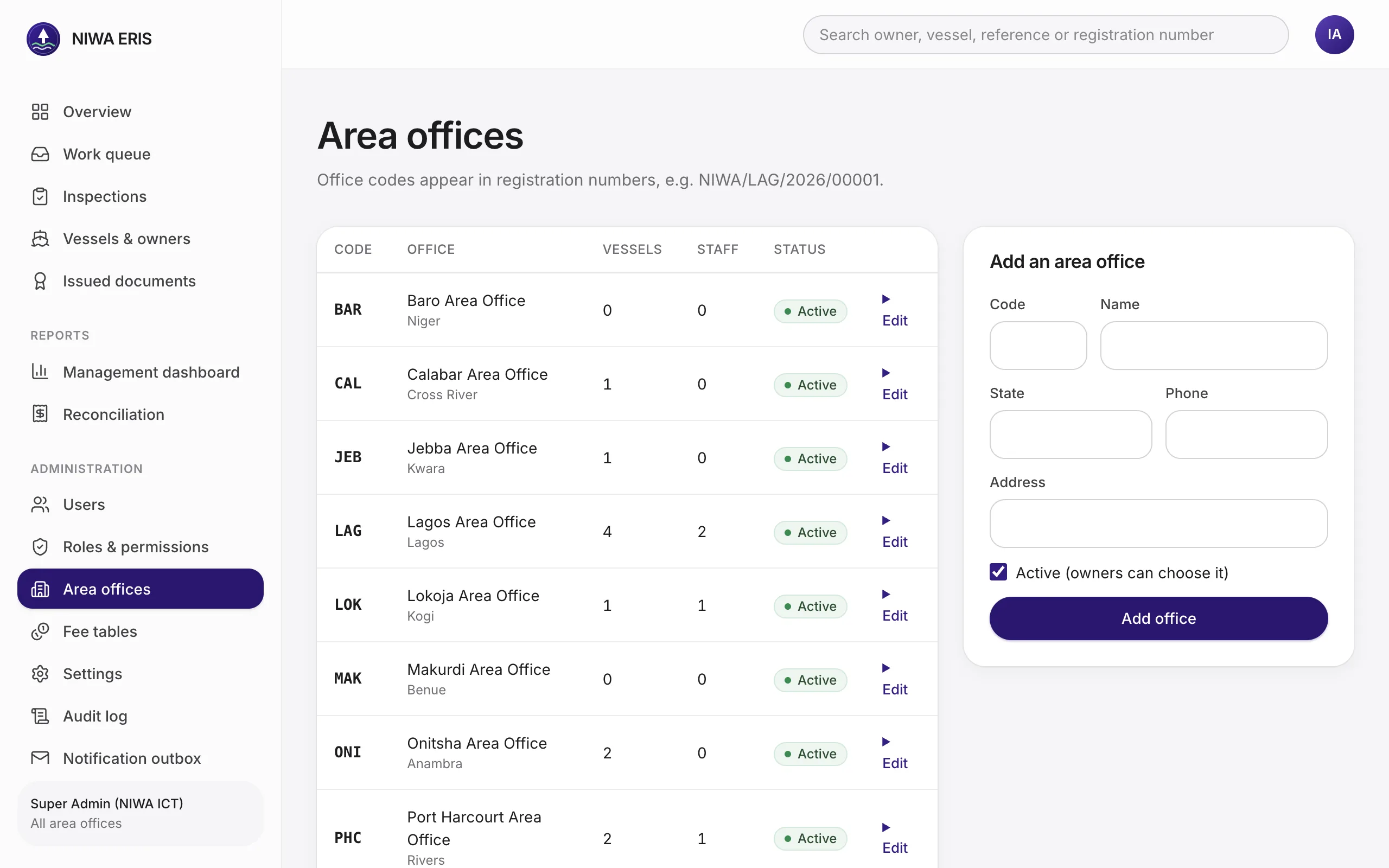 <b>Area offices.</b> The 2–5 letter code appears in registration numbers, so it's locked once numbers are issued.