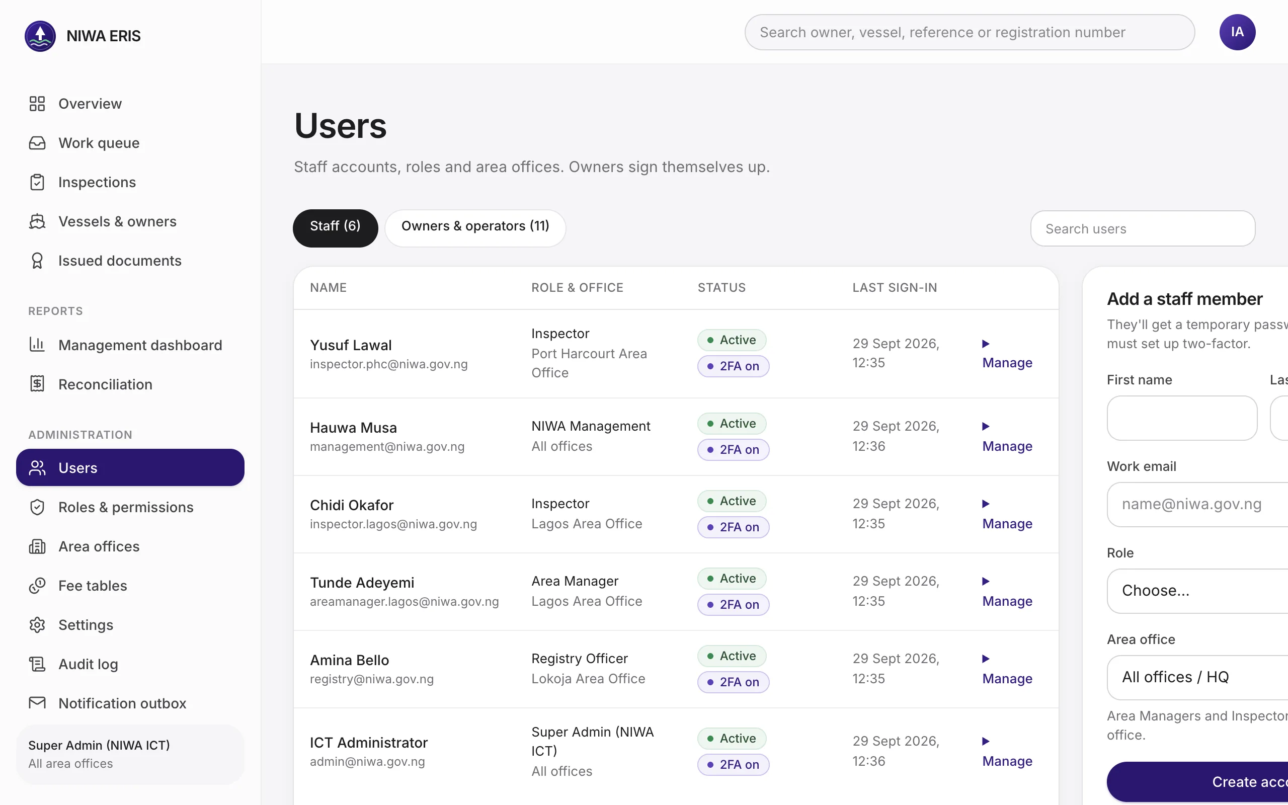 <b>Users.</b> Add staff with role and office. They're emailed the Staff Portal address and a temporary password. Reset password or 2FA, suspend.