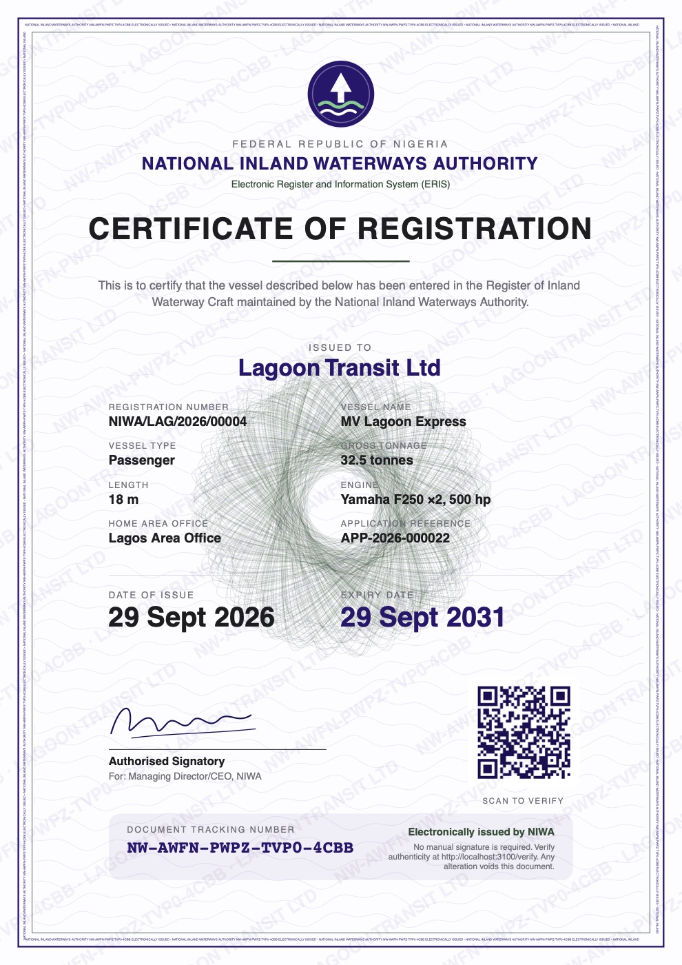 <b>Certificate of Registration</b>, as issued during this walkthrough. It shows the crest, a guilloche background, a microtext border, a diagonal watermark with the tracking number and holder name, large dates, signature, QR code, and “Electronically issued by NIWA”.