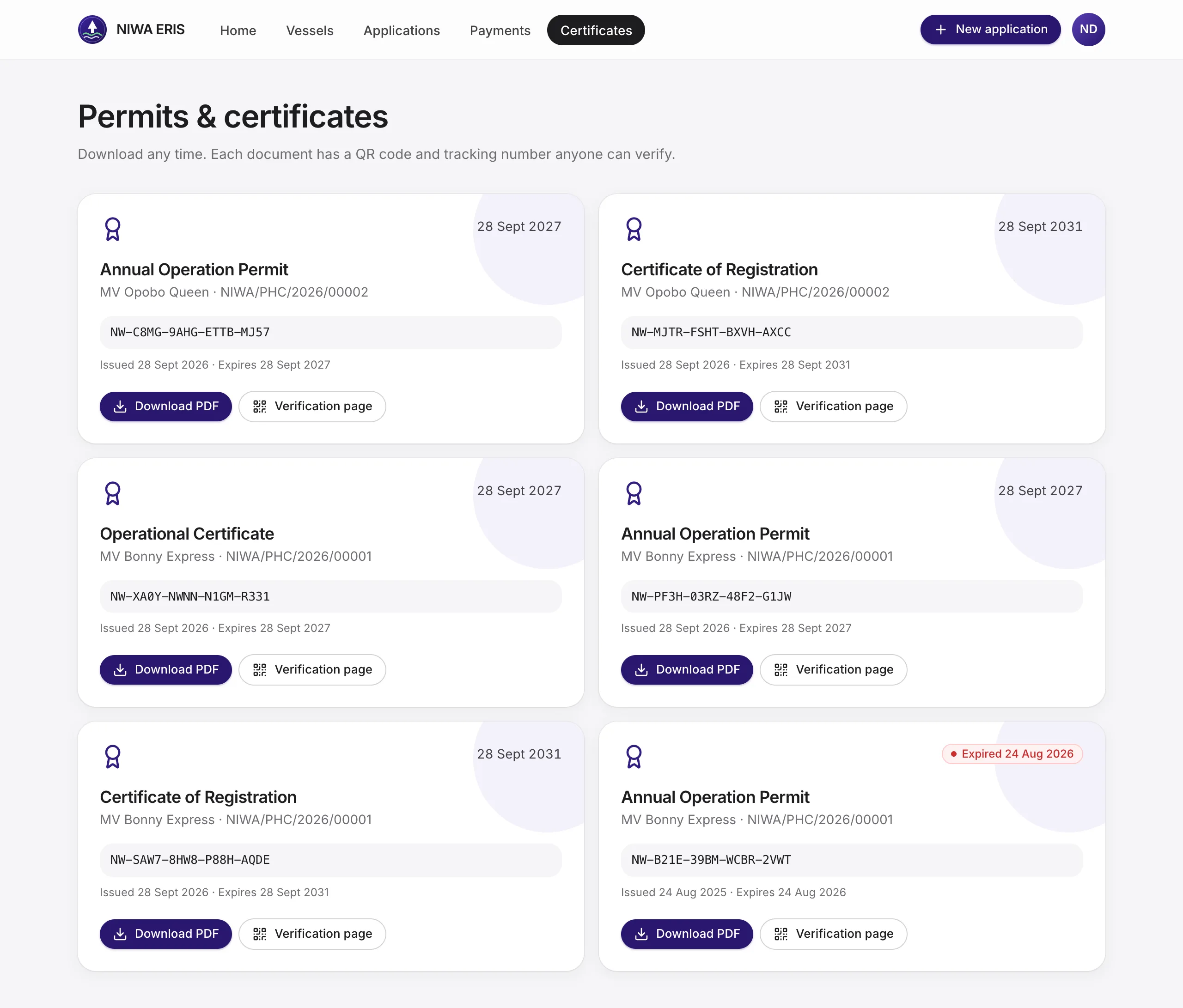 <b>Certificates</b> lists every document with its expiry, a PDF download and a link to its verification page.