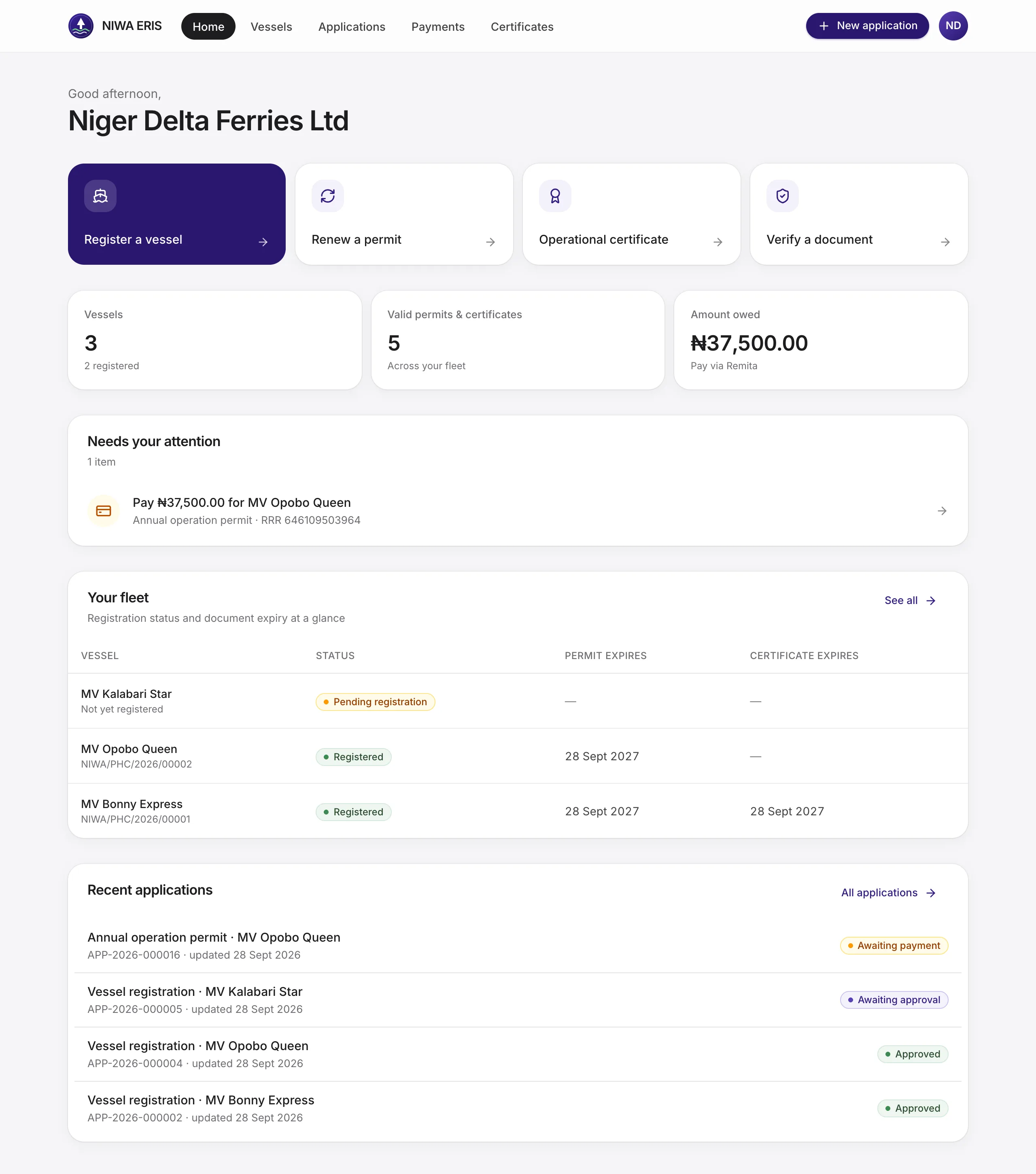 <b>An established fleet.</b> “Needs your attention” lists invoices to pay, inspections to book and documents close to expiry.