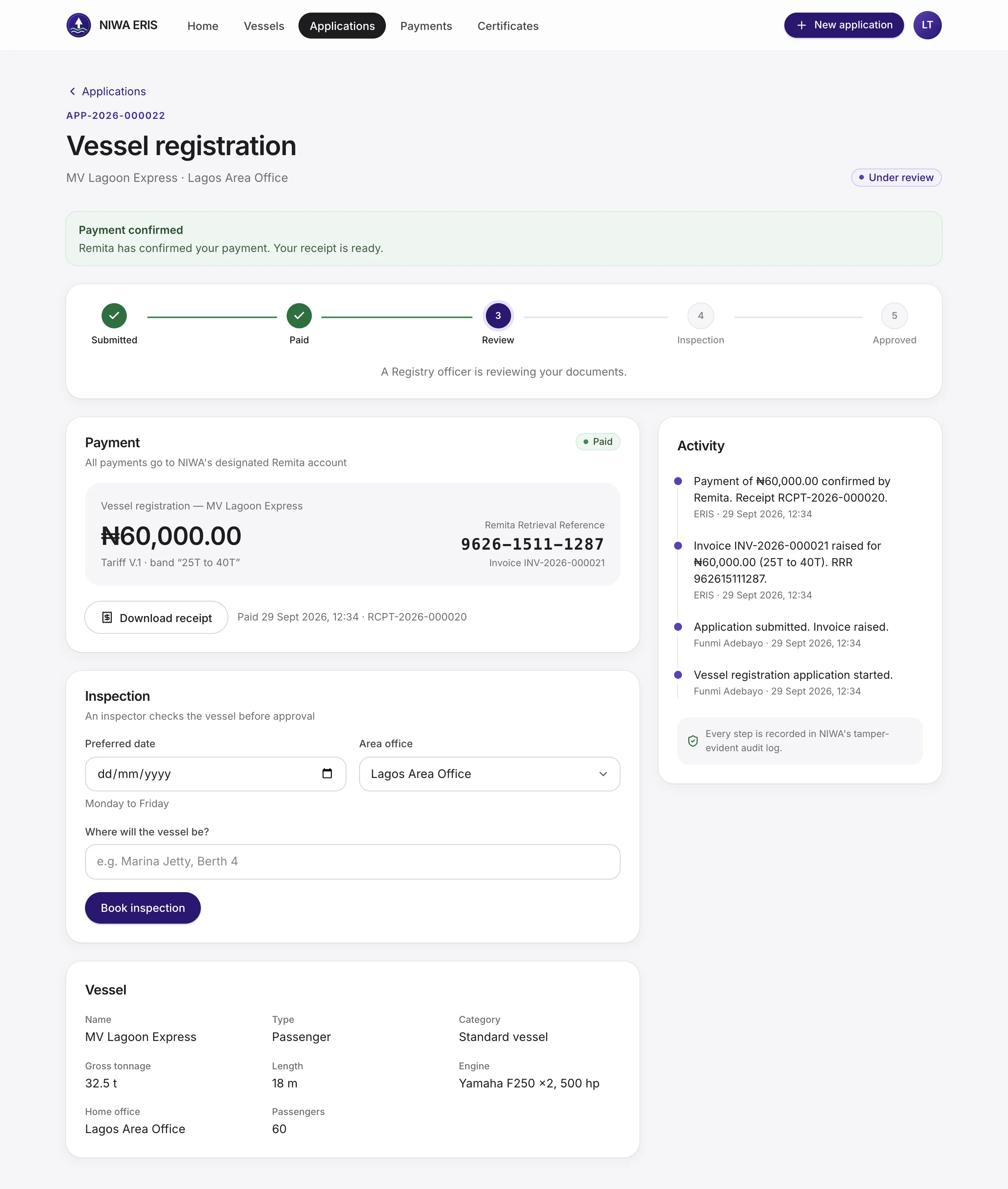 <b>Paid.</b> The tracker moves to Review, a receipt is issued and the inspection booking form appears.