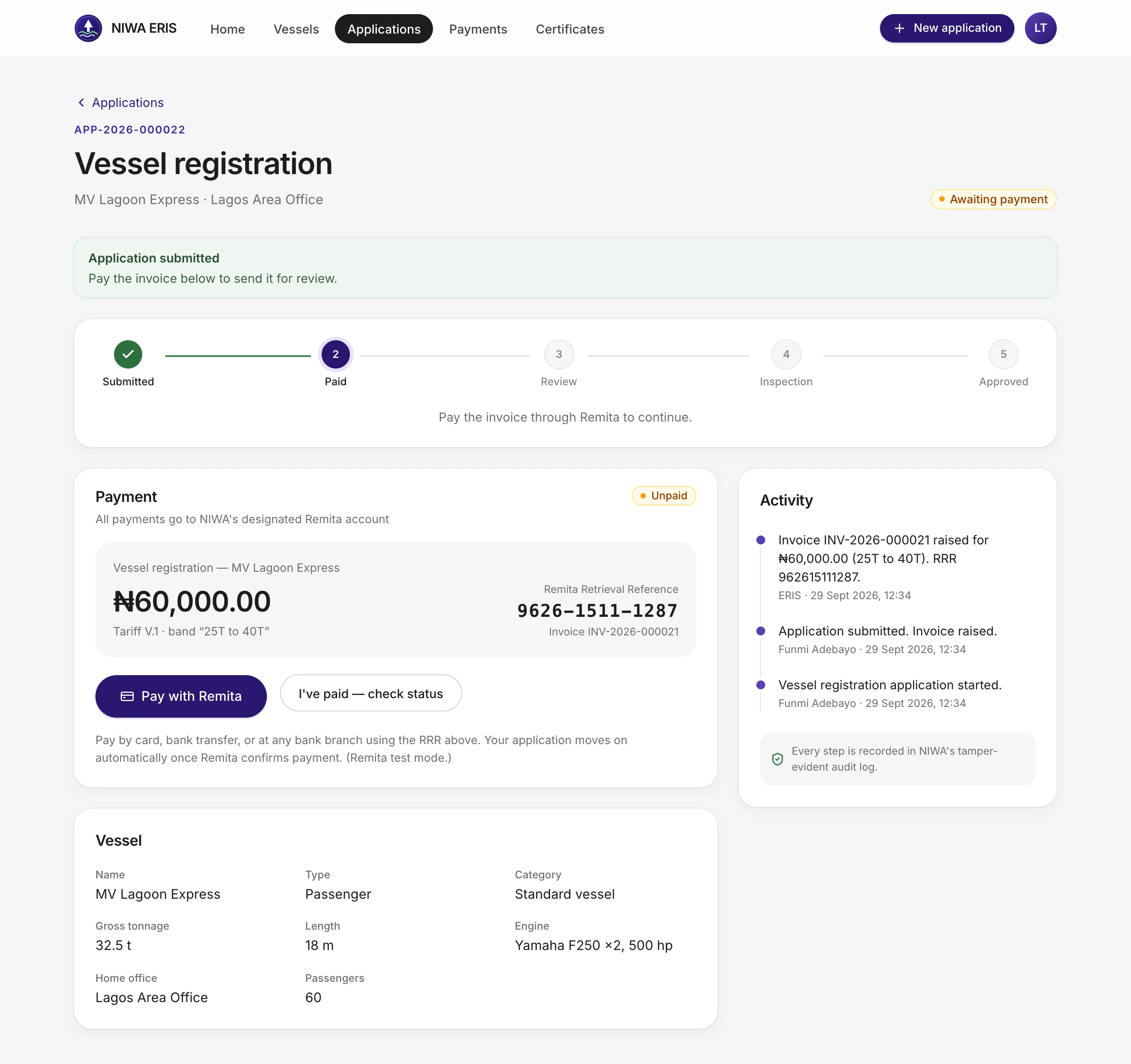 <b>The payment card.</b> Amount, tariff band, RRR and invoice number, with <b>Pay with Remita</b> and a manual <b>check status</b> for bank-branch payments.