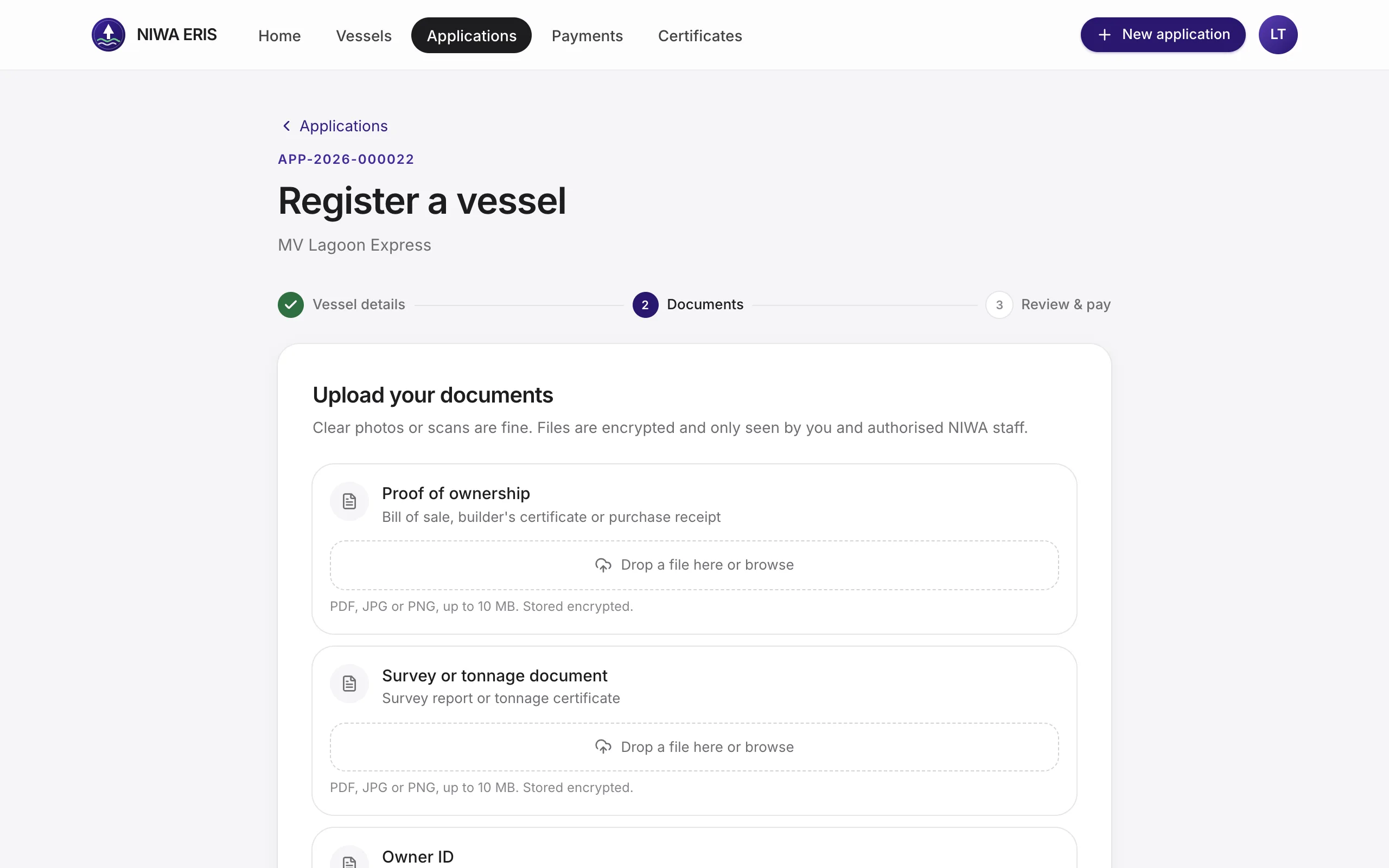 Proof of ownership, survey or tonnage document, and owner ID. Drag a file in or browse.