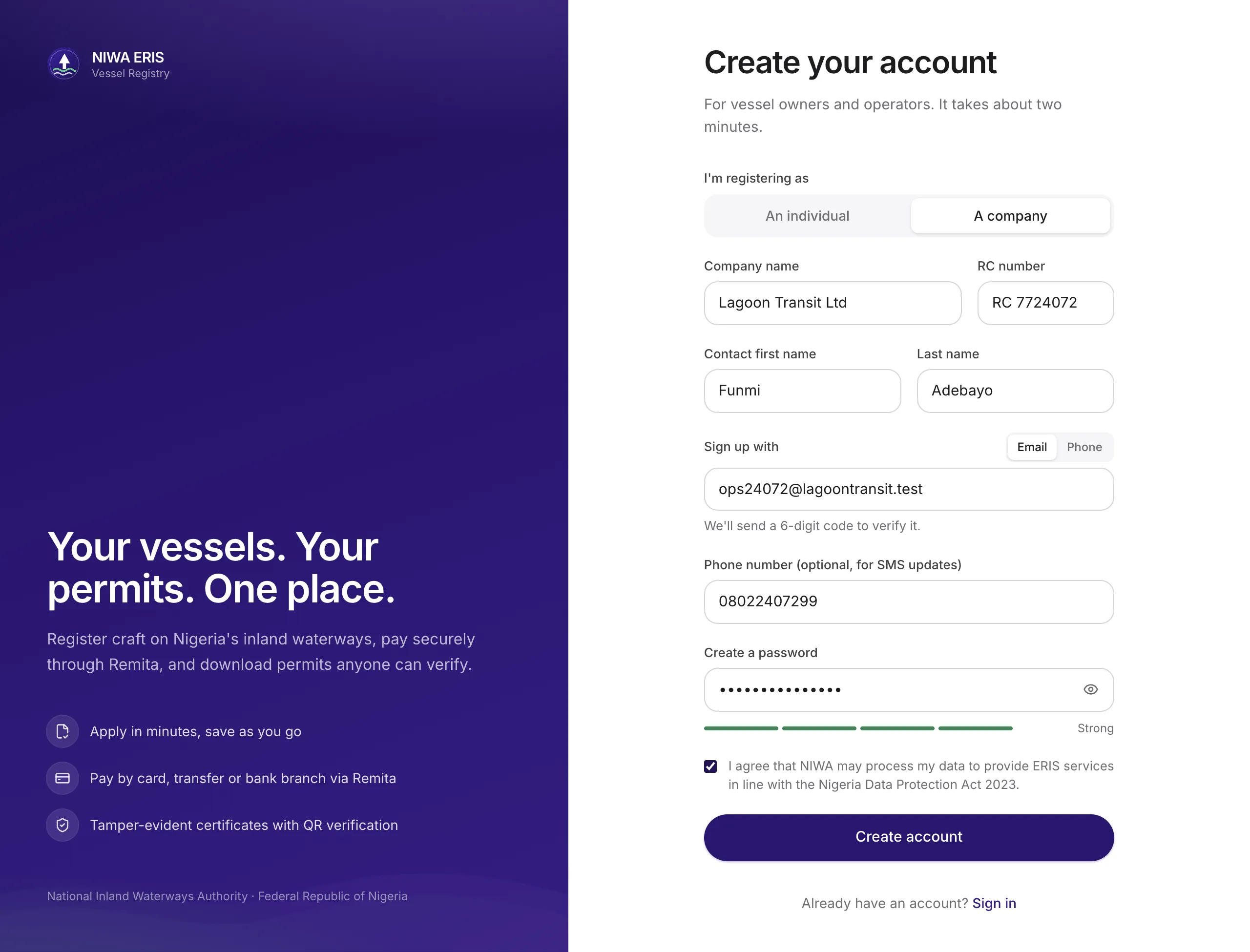 <b>Sign-up.</b> Company fields appear only when “A company” is chosen.