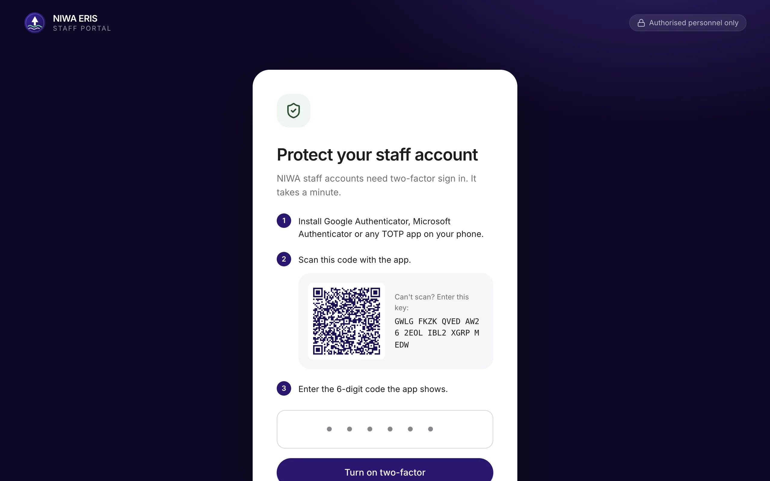 <b>First sign-in.</b> Scan the QR code with Google or Microsoft Authenticator. (The key shown here has since been reset.)