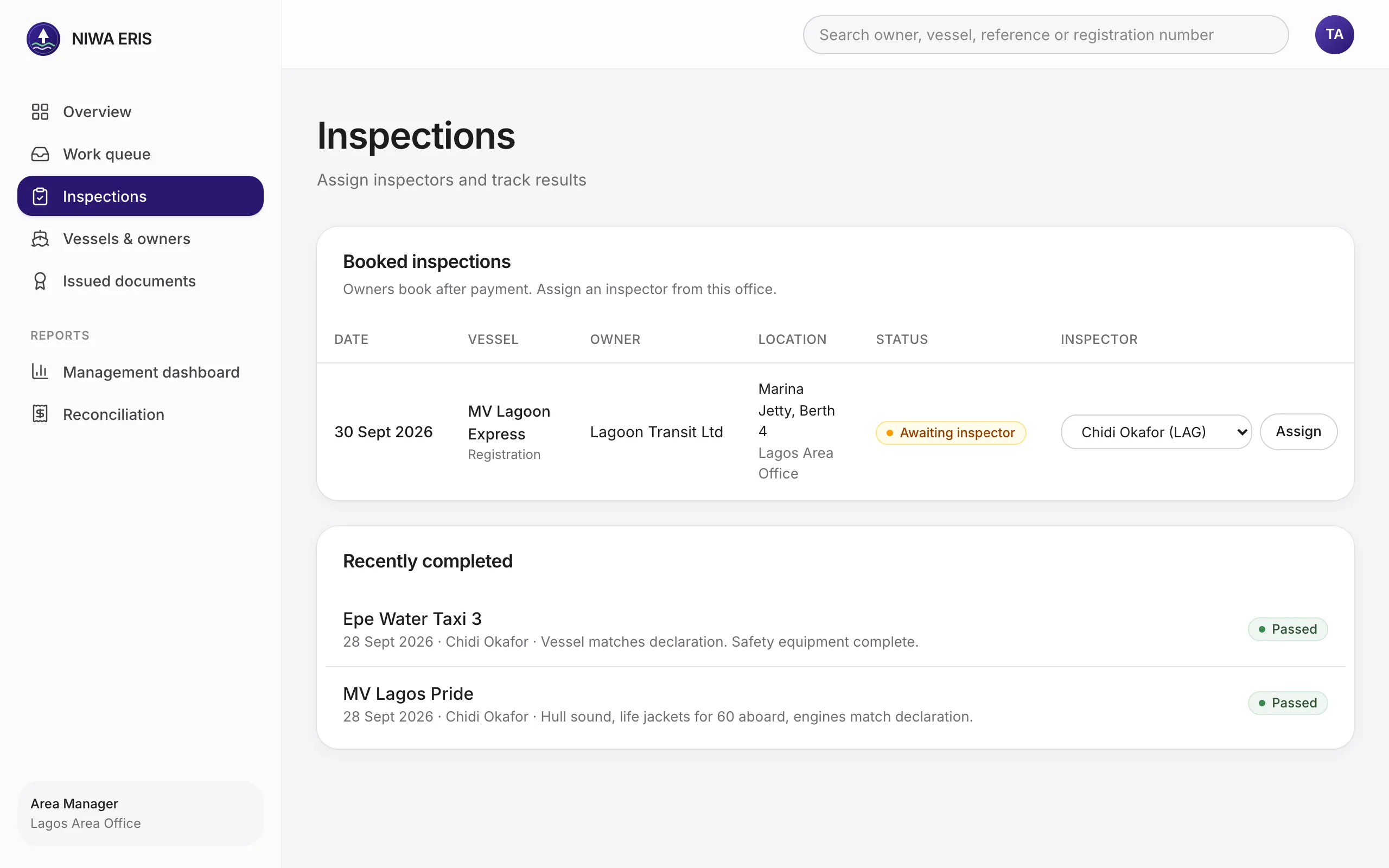 <b>Booked inspections</b> for the office. Pick an inspector from the same office and assign.