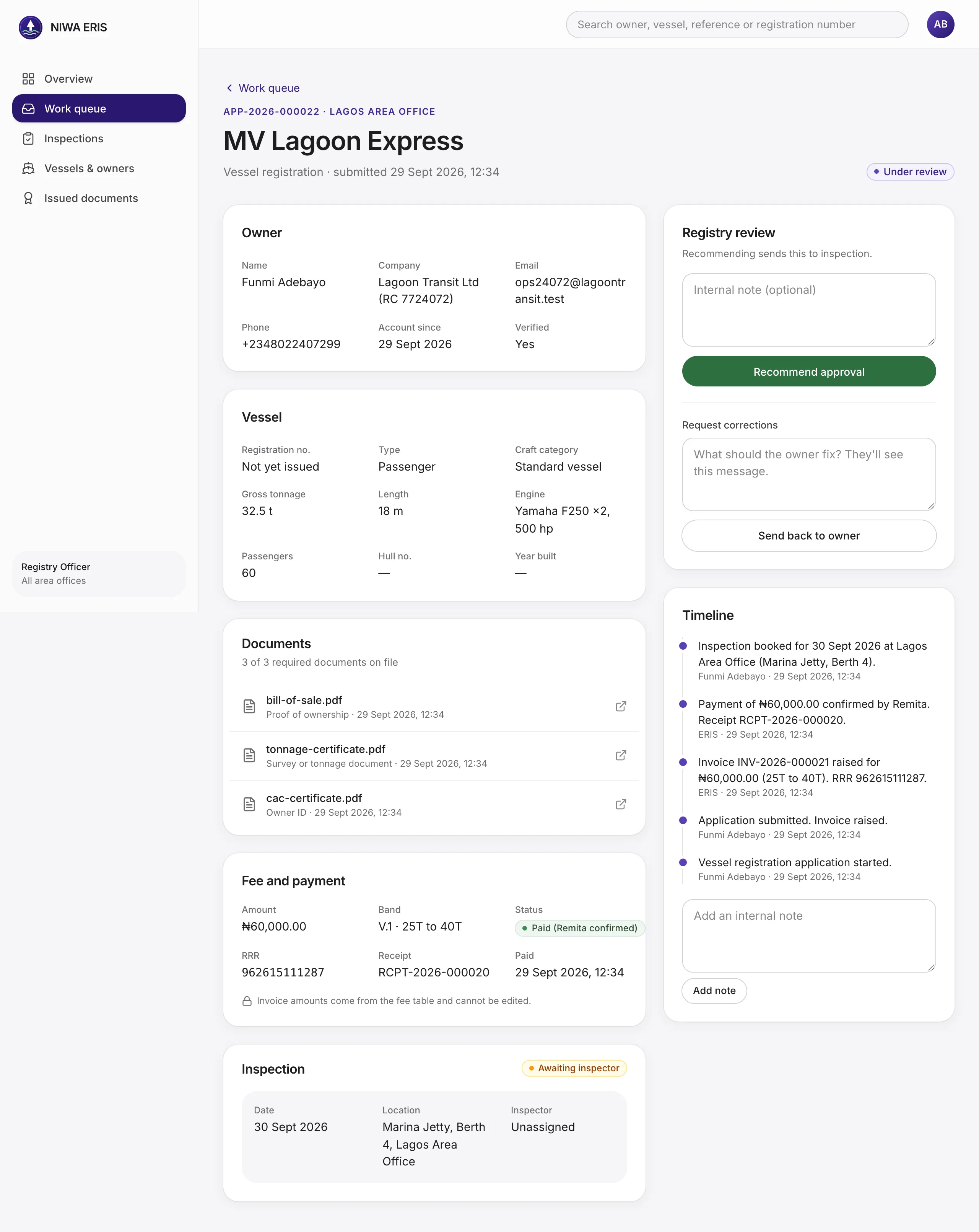<b>Review.</b> Owner, vessel, documents, the Remita-confirmed payment, and actions on the right: <b>Recommend</b> or <b>Send back to owner</b>.
